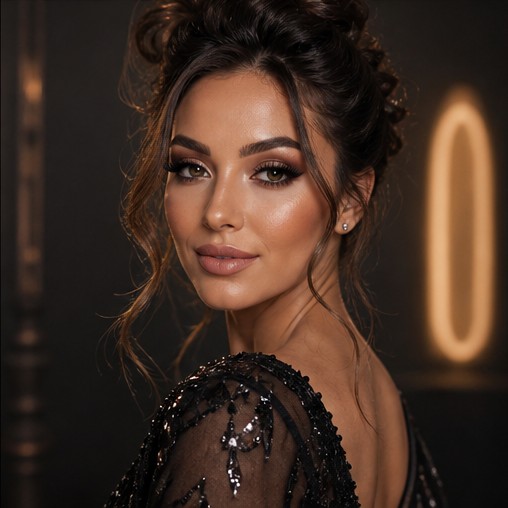 Event-ready glam makeup portrait in black evening styling