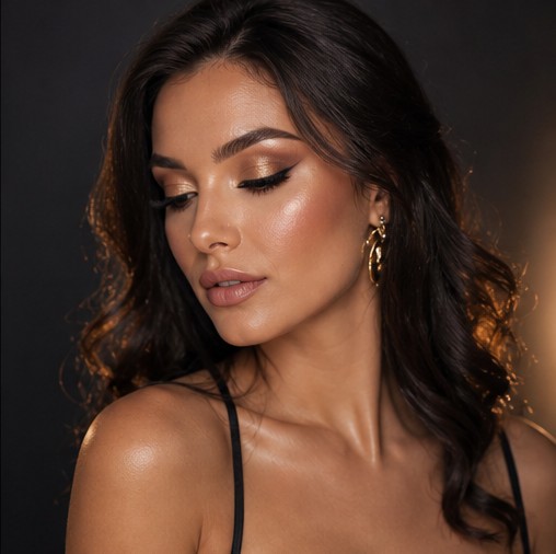 Rosegold evening makeup with bronzed glow and defined eyes